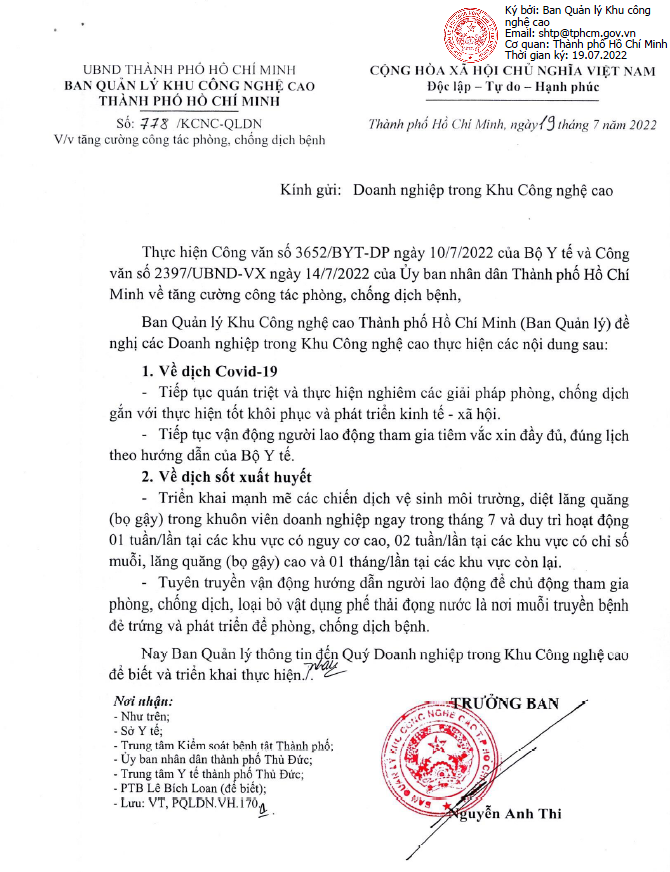Official Letter No. 778/KCNC-QLDN of the Management Board of Saigon Hi-Tech Park on strengthening disease prevention and control.