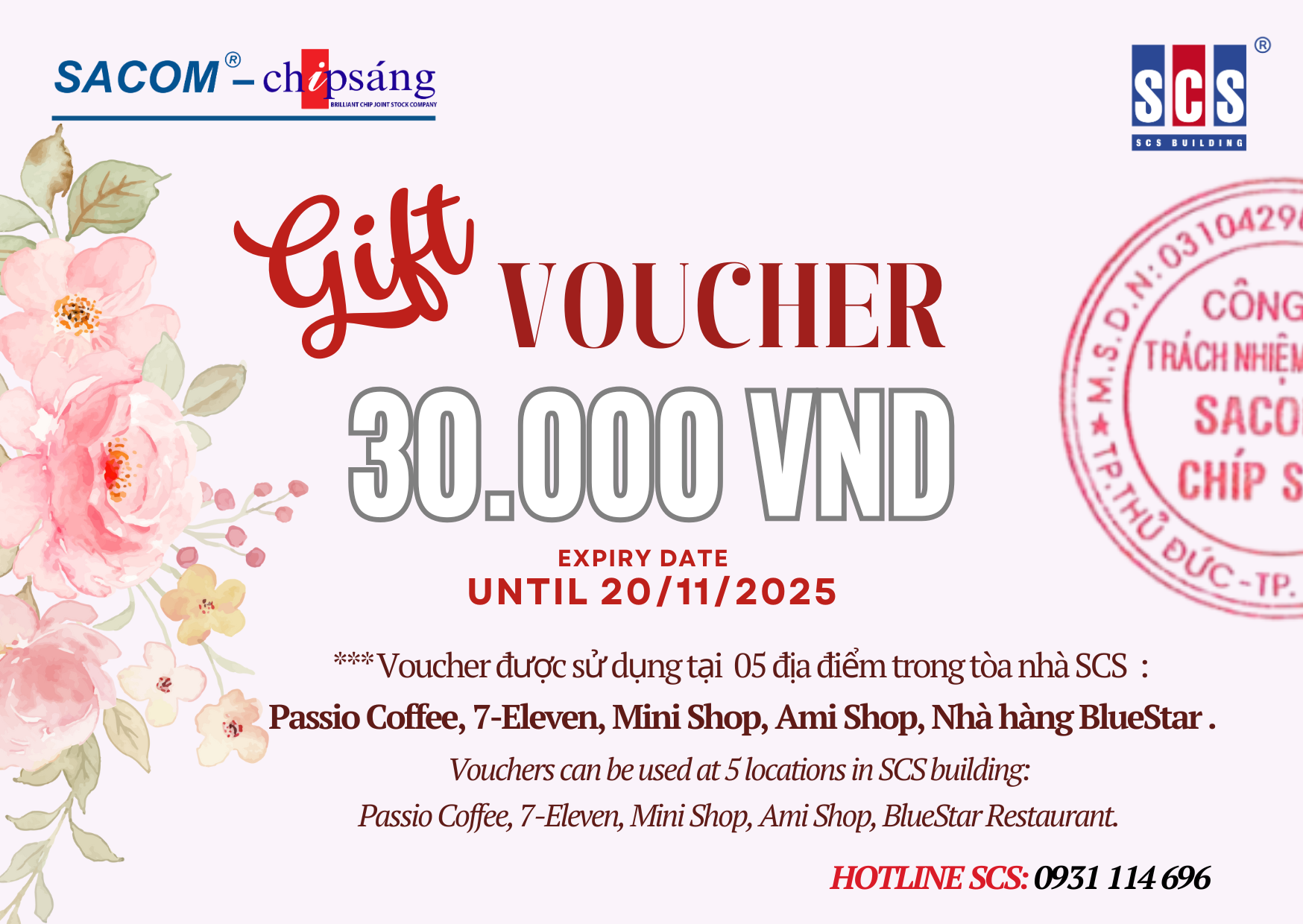 Chương trình tặng “Gift voucher 30.000 VNĐ” nhân ngày Phụ Nữ Việt Nam (20.10) và kỷ niệm thành lập Công ty TNHH Sacom-Chíp Sáng