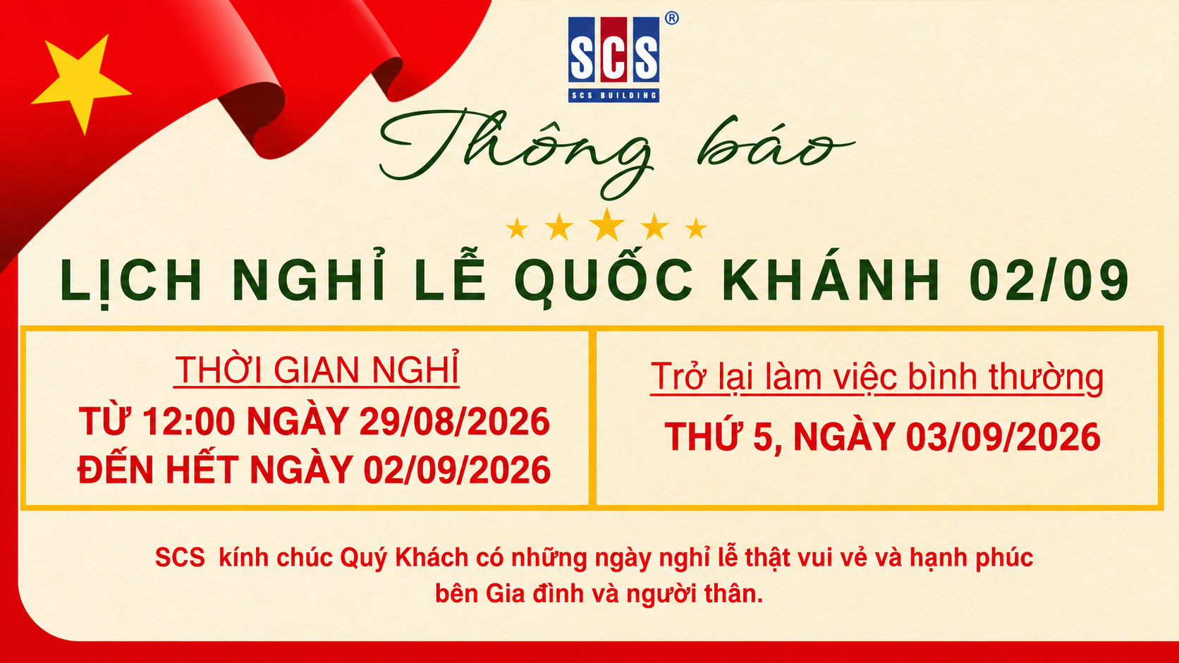 THÔNG BÁO-LỊCH NGHỈ LỄ QUỐC KHÁNH 02/09 NĂM 2026 TẠI TÒA NHÀ SCS