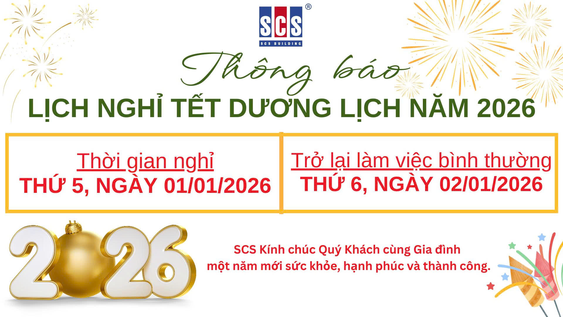 Thông báo lịch nghỉ Tết Dương lịch năm 2026
